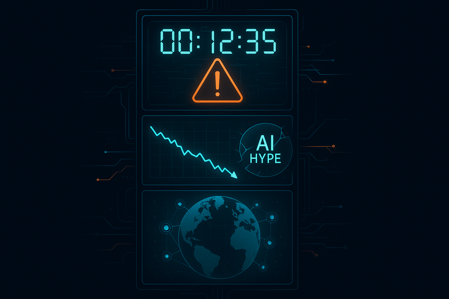Vertical infographic, dark-mode cyberpunk aesthetic. Three stacked panels connected by glowing data-lines. Panel 1: 'Ris