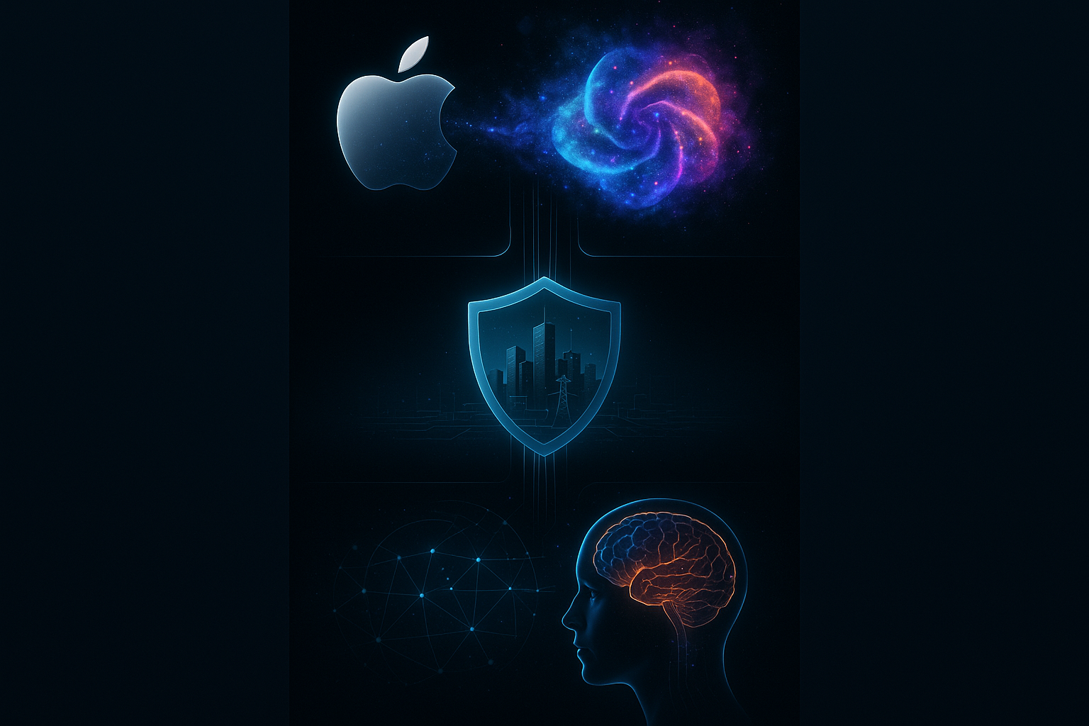 Vertical infographic banner, sleek dark-mode aesthetic with neon accents. Three stacked panels connected by glowing data