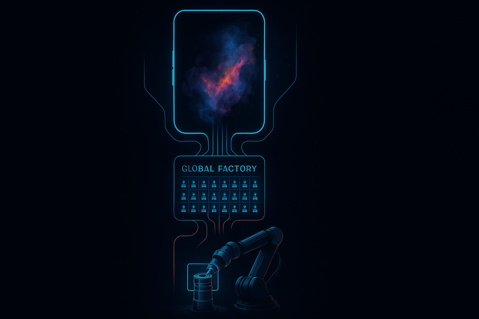 Vertical infographic, dark-mode cyberpunk aesthetic. Three stacked panels connected by glowing neural data streams. Pane