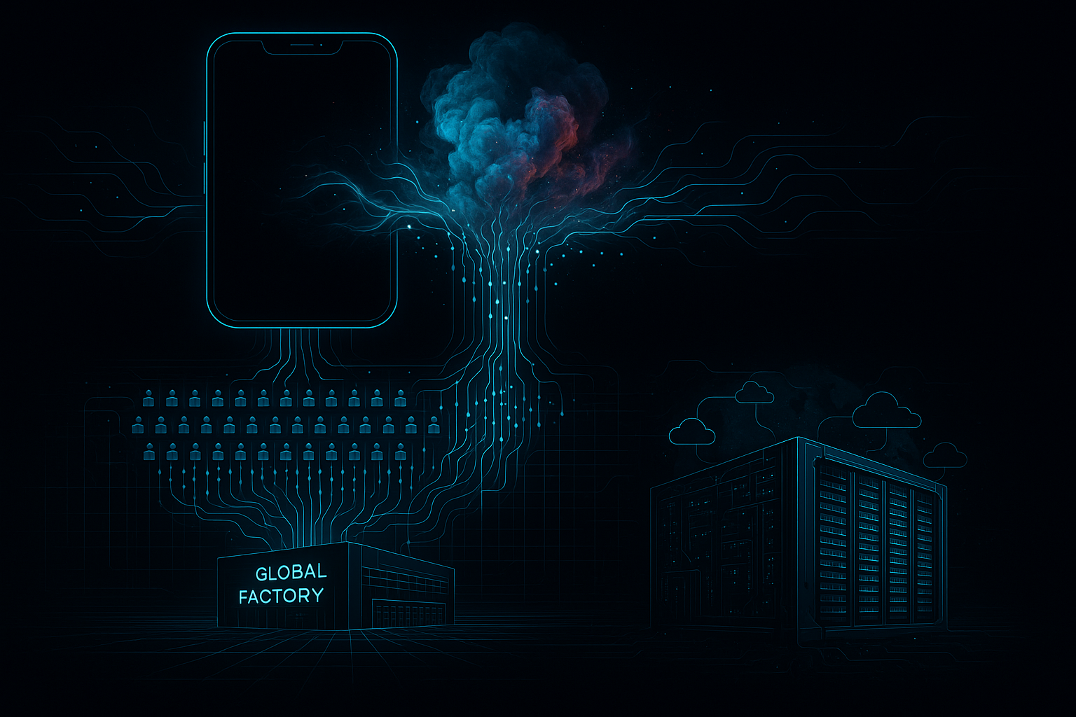Vertical infographic, dark-mode cyberpunk aesthetic. Three stacked panels connected by glowing neural data streams. Pane