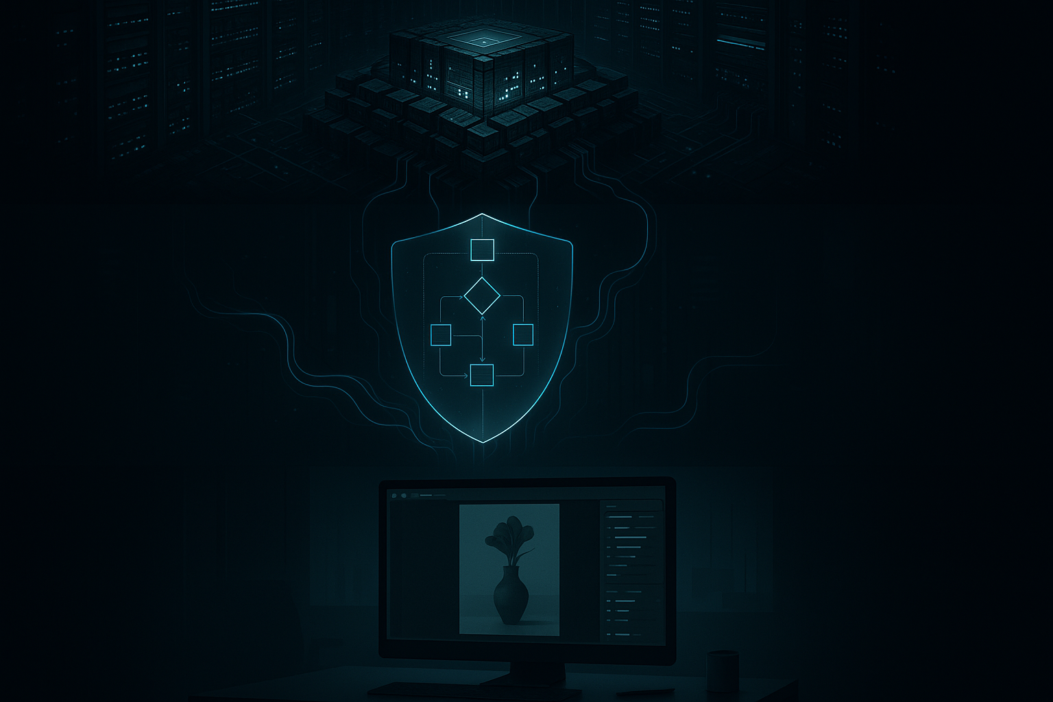 Vertical infographic, dark-mode cyberpunk aesthetic. Three stacked panels connected by glowing neural data streams. Pane