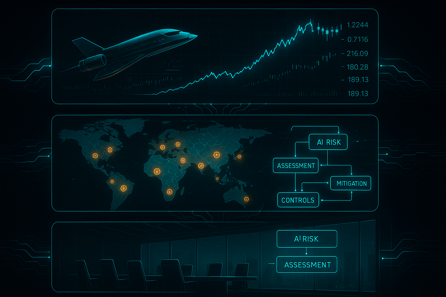 Vertical infographic, dark-mode cyberpunk aesthetic. Three stacked panels connected by glowing neural data streams. Pane