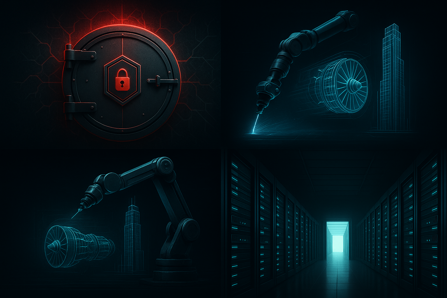 A three-panel vertical infographic with a clean, dark-mode cyberpunk aesthetic. The top panel shows a locked digital vau