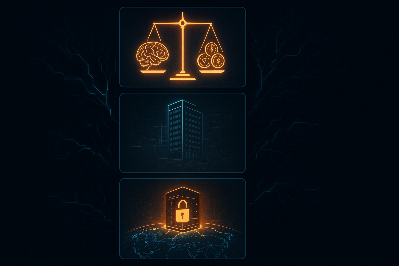 Vertical infographic, clean dark-mode cyberpunk aesthetic. Three stacked panels connected by glowing neural pathways. Pa