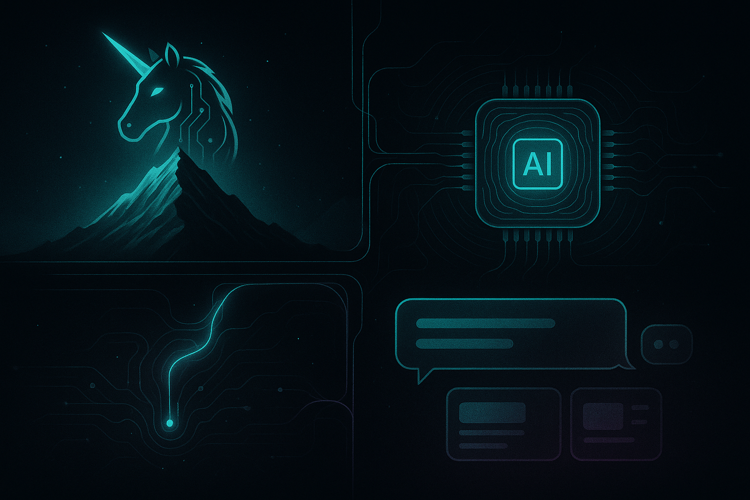 Vertical infographic, dark-mode cyberpunk aesthetic. Three stacked panels connected by glowing neural data streams. Pane