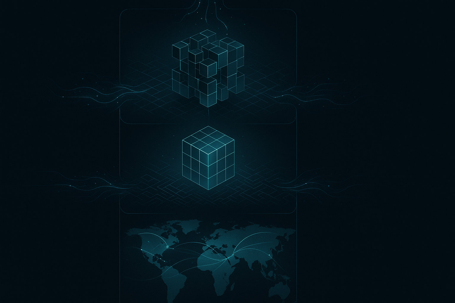Vertical infographic, clean dark-mode cyberpunk aesthetic. Three stacked panels connected by glowing neural data streams