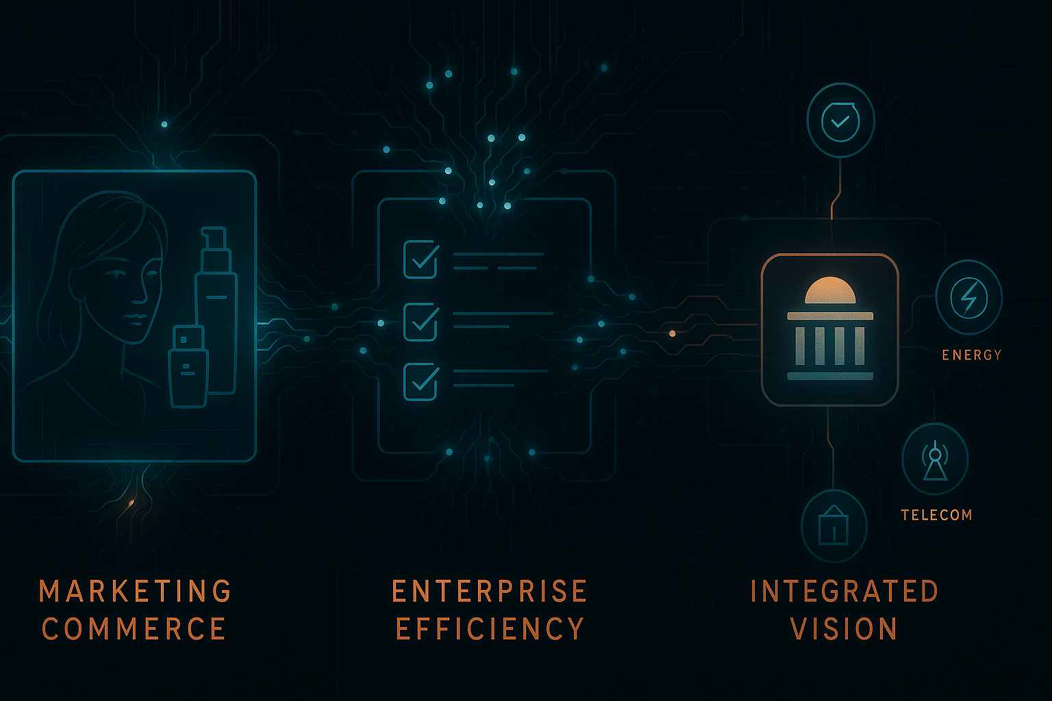 Vertical infographic, dark-mode cyberpunk aesthetic. Three stacked panels connected by glowing neural data streams. Pane