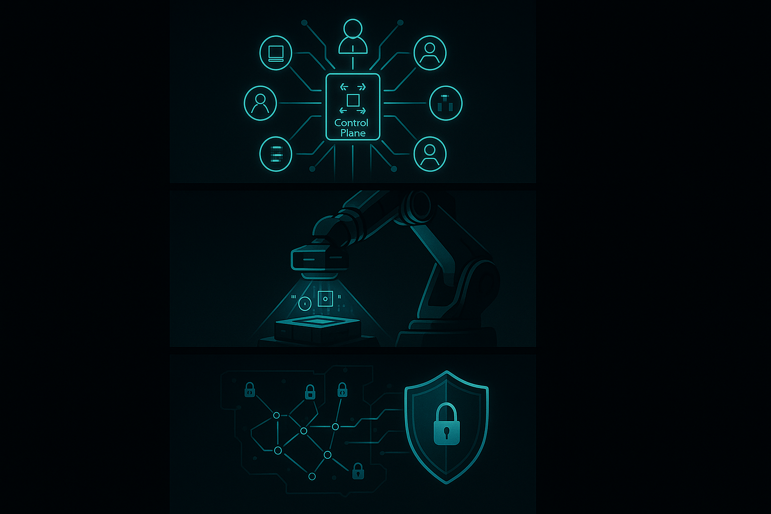 Vertical infographic, dark-mode cyberpunk aesthetic. Three stacked panels connected by glowing data-lines. Panel 1: 'Age