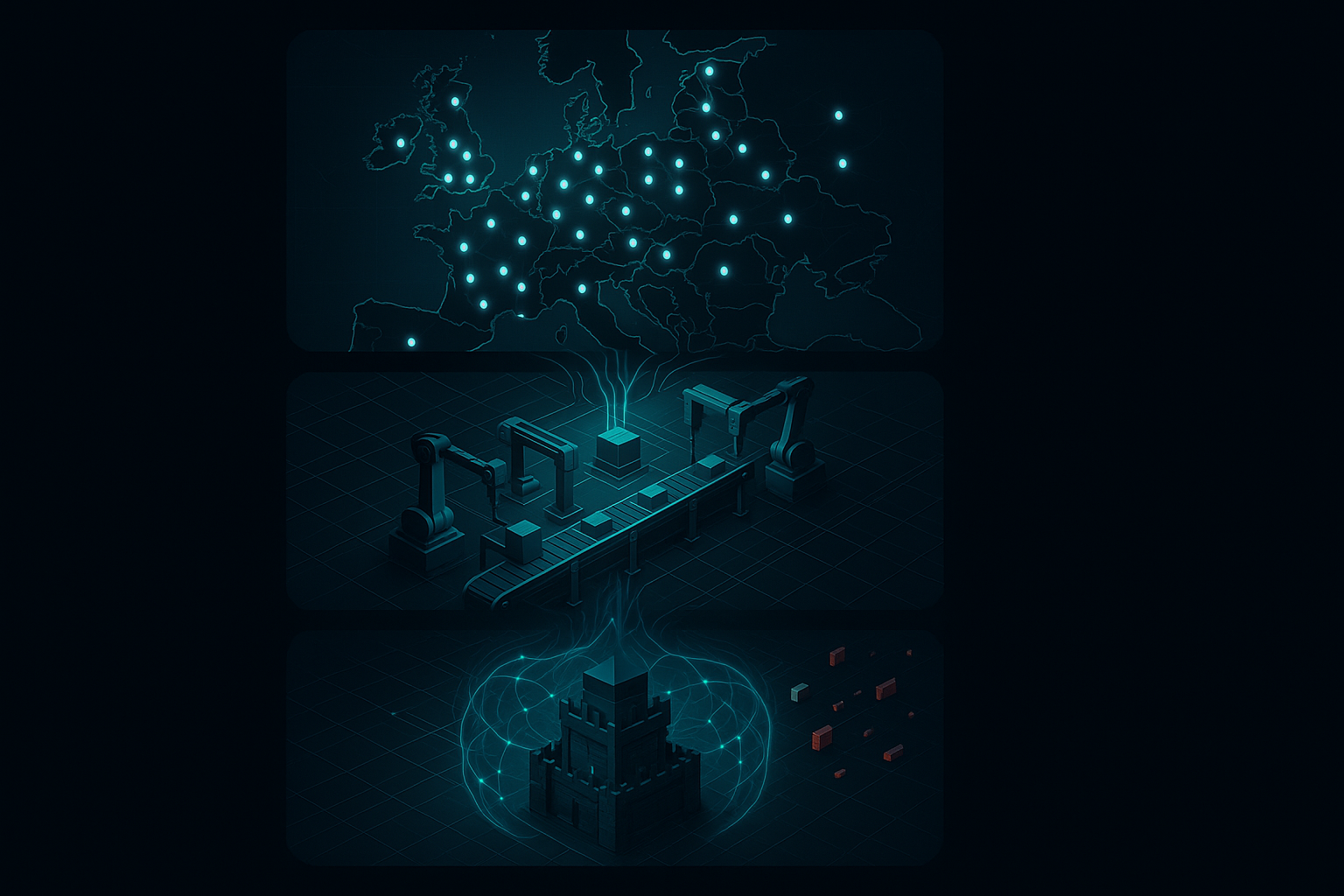 Vertical infographic, dark-mode cyberpunk aesthetic. Three stacked panels connected by glowing neural data streams. Pane