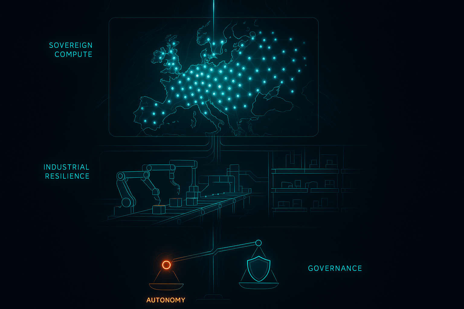 Vertical infographic, dark-mode cyberpunk aesthetic. Three stacked panels connected by glowing neural data streams. Pane