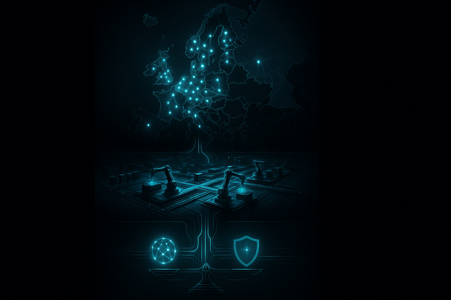 Vertical infographic, dark-mode cyberpunk aesthetic. Three stacked panels connected by glowing neural data streams. Pane