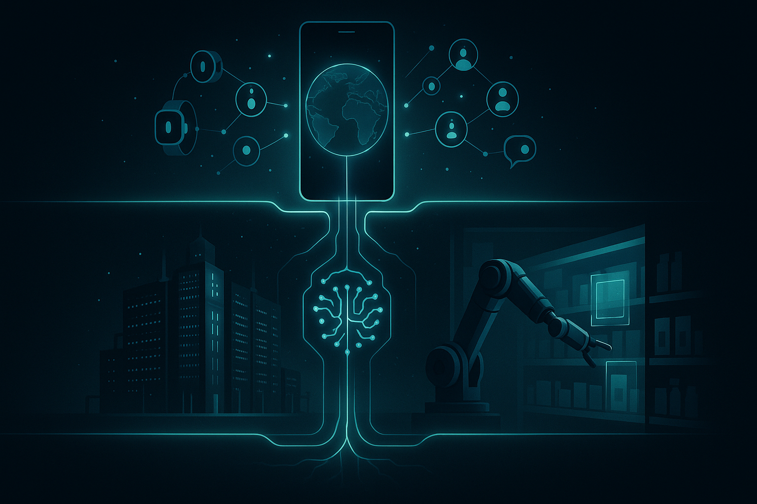 Vertical infographic, dark-mode cyberpunk aesthetic. Three stacked panels connected by glowing neural data streams. Pane