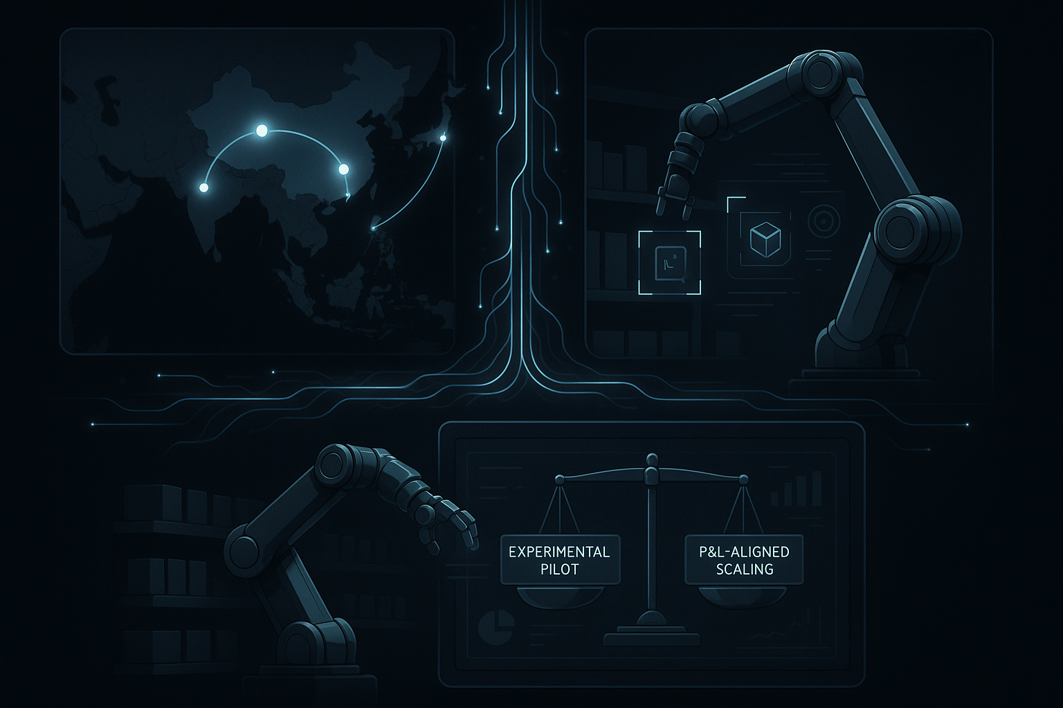 Vertical infographic, dark-mode professional aesthetic. Three stacked panels connected by glowing neural data streams. P