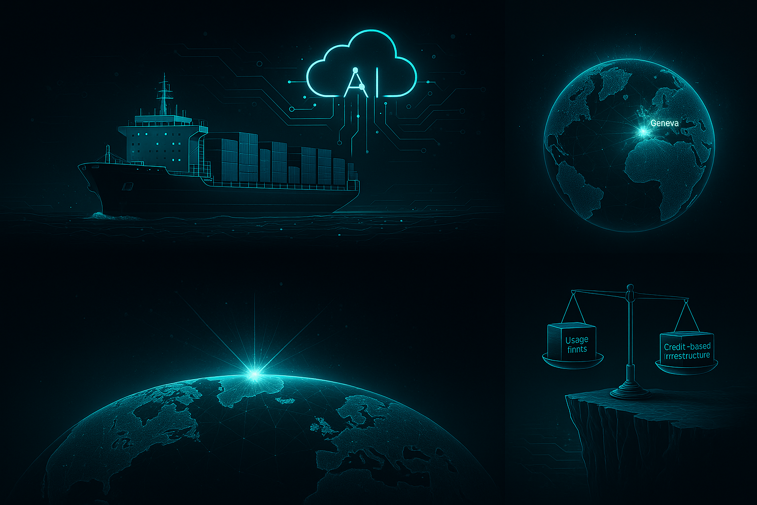 A high-tech, futuristic vertical triptych infographic in a dark-mode cyberpunk aesthetic: Panel 1 (Maritime AI): A styli