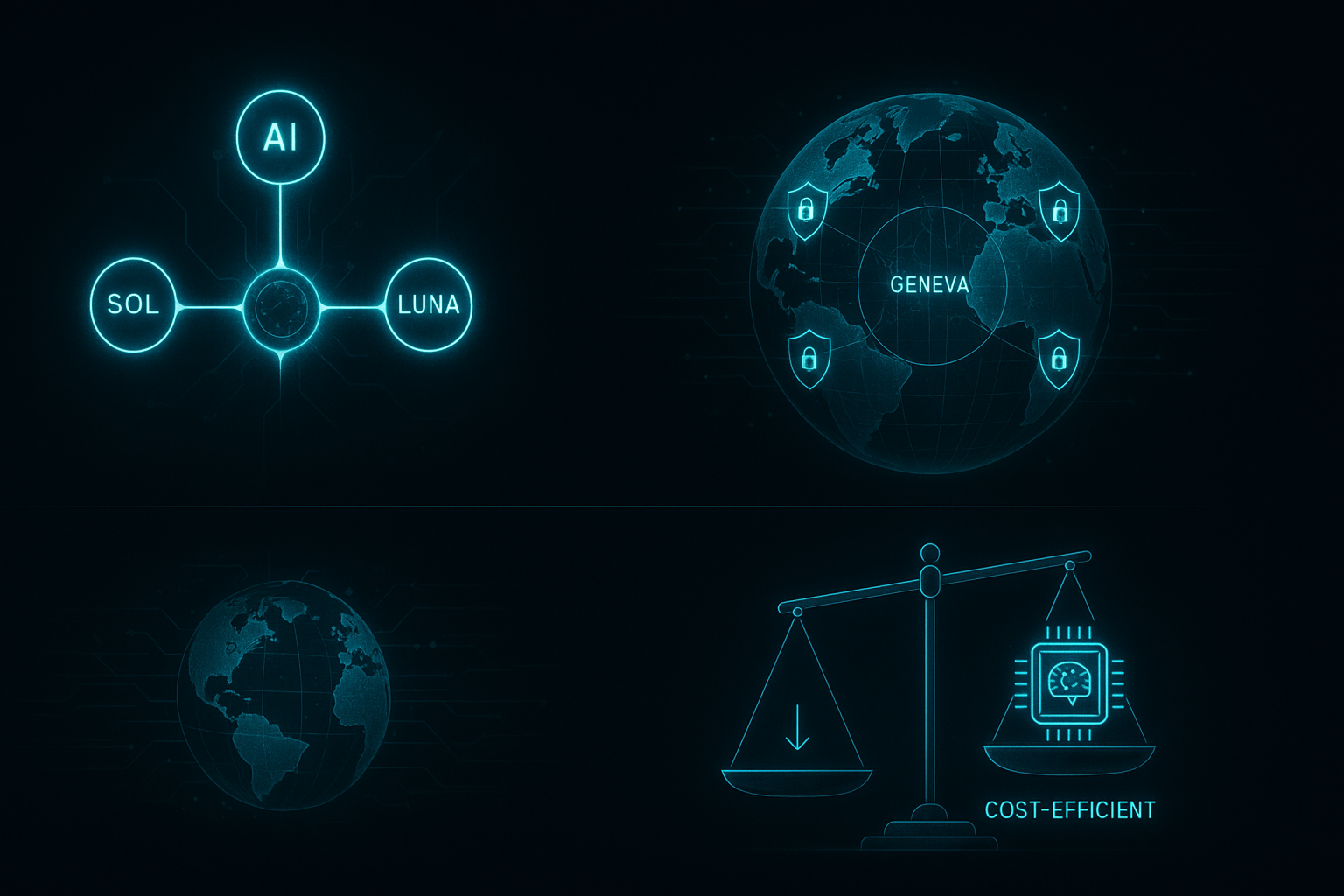 A high-tech, futuristic vertical triptych infographic in a dark-mode cyberpunk aesthetic: Panel 1 (Specialization): Thre