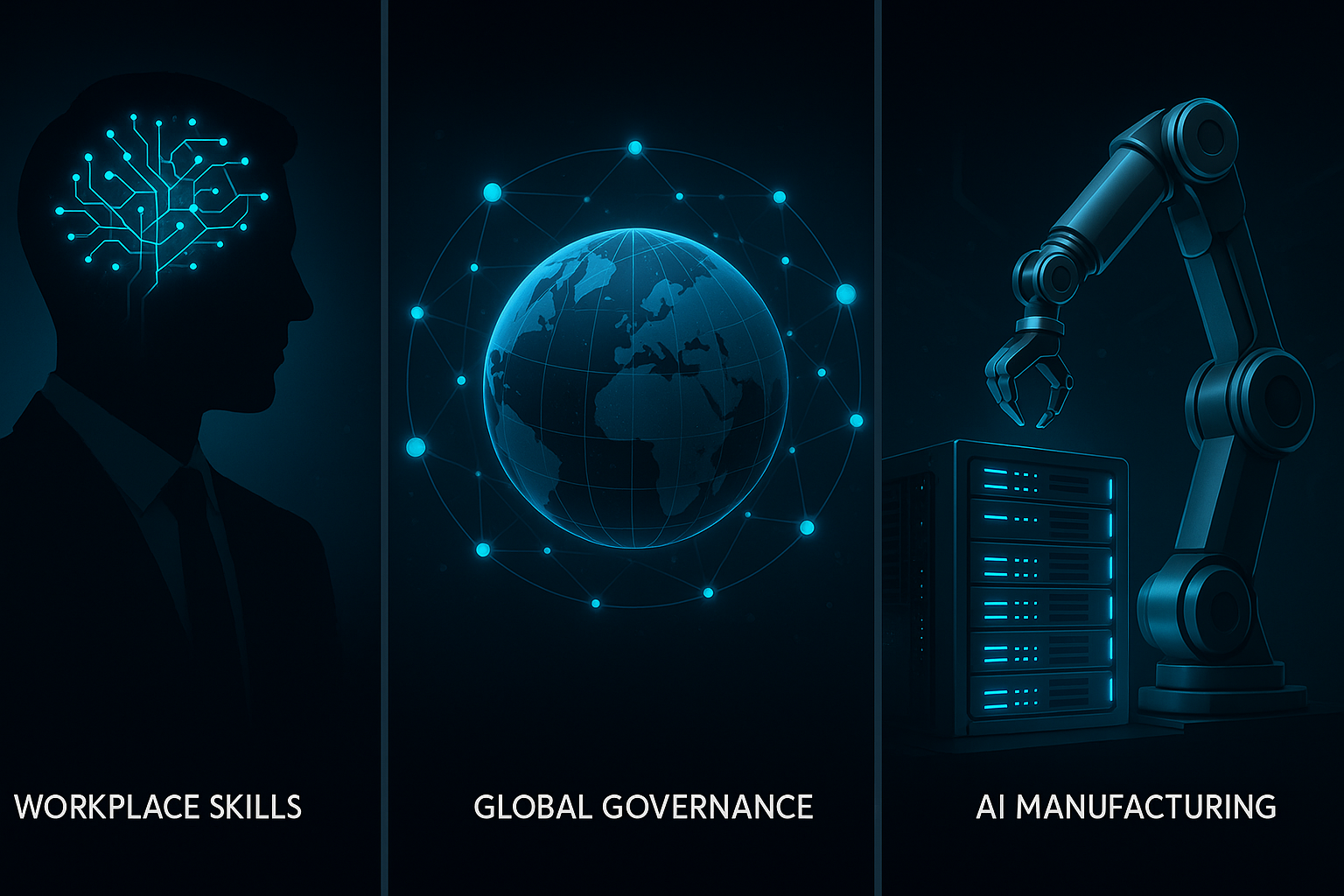 A professional, high-tech vertical infographic in a dark-mode theme: Panel 1 (Workplace Skills): An abstract visualizati